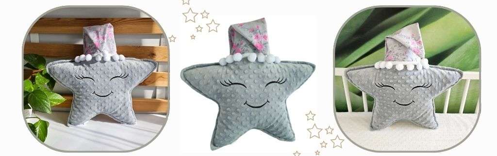 Szara poduszka gwiazdka z uśmiechniętą buzią