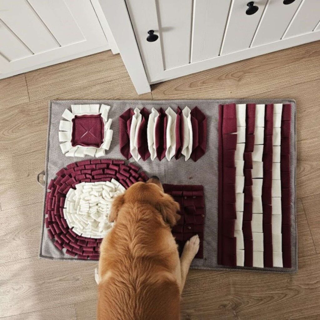 Mata węchowa dla dużego psa w kolorze bordowym i ecru wzmacniająca koncentrację