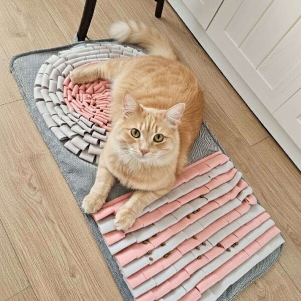 Gęste różowe i szare naszycia polarowe na macie węchowej dla kota stymulujące zmysły