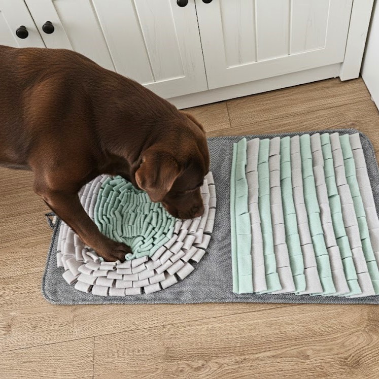Ręcznie szyta mata węchowa w kolorze szarym i miętowym z antypoślizgowym spodem.