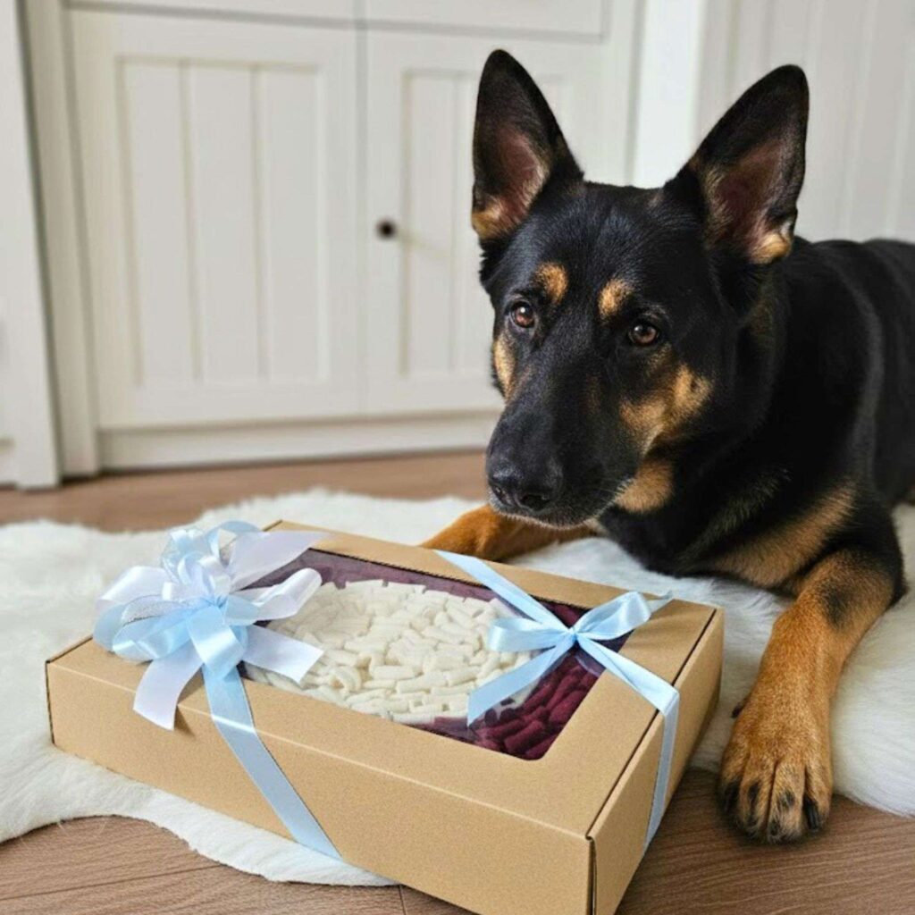 Usługa pakowania na prezent: mata węchowa w estetycznym pudełku z okienkiem i pasującą kolorystycznie kokardą.