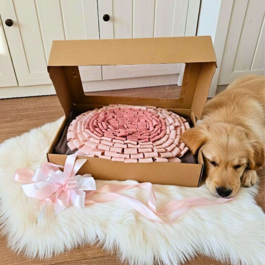 Usługa pakowania na prezent: mata węchowa w estetycznym pudełku z okienkiem i pasującą kolorystycznie kokardą.