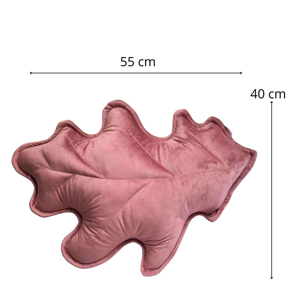 Różowe poduszki dekoracyjne liście w zestawie, miękkie i antyalergiczne przytulanki do sypialni lub pokoju dziecka.