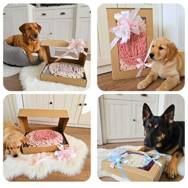 Pies leżący w legowisku obok prezentu w postaci maty węchowej w ozdobnym opakowaniu.