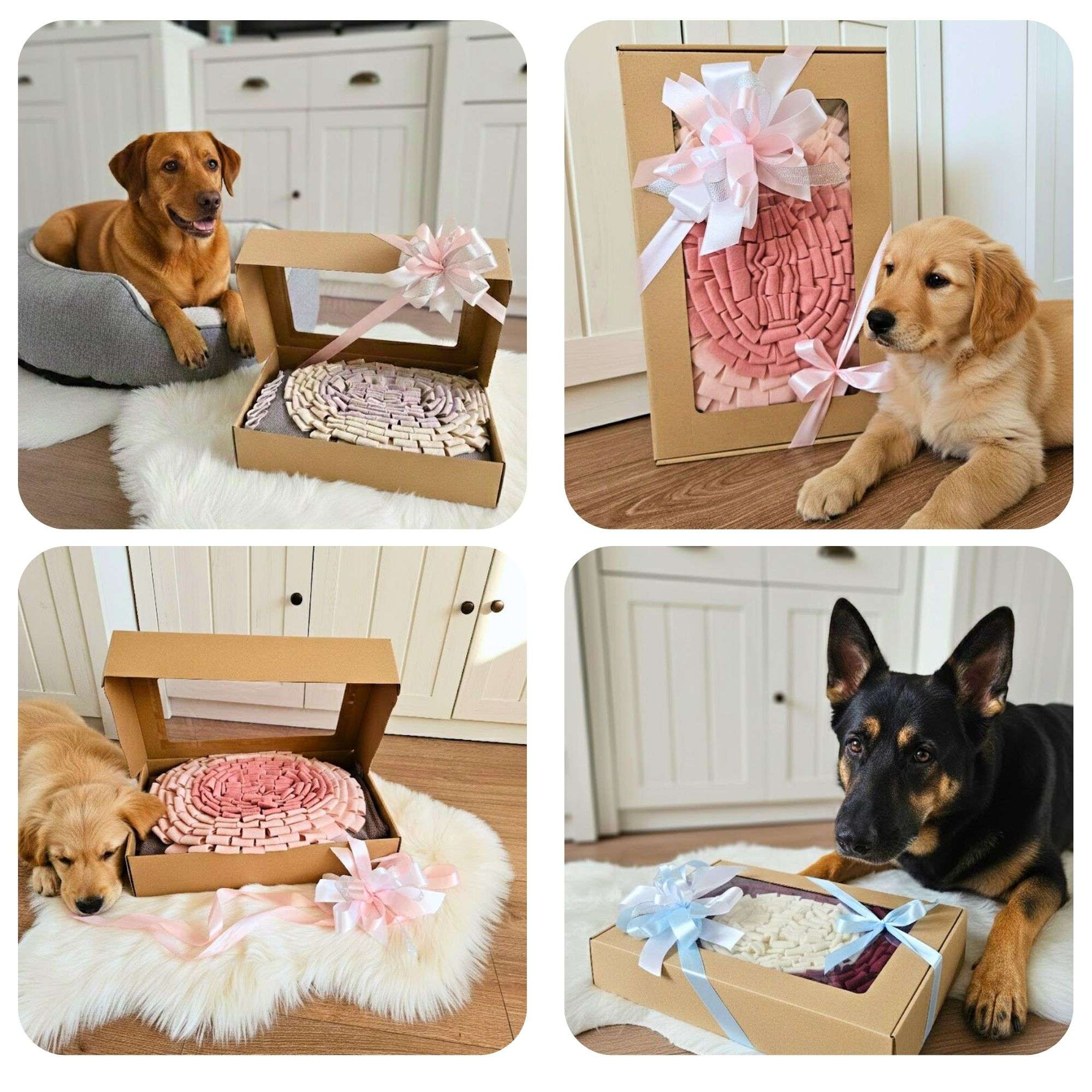 Pies leżący w legowisku obok prezentu w postaci maty węchowej w ozdobnym opakowaniu.